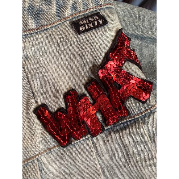 Vintage Y2K Miss Sixty Micro Mini Denim Skirt | Sequin Graphic | 28" - Picture 10 of 12